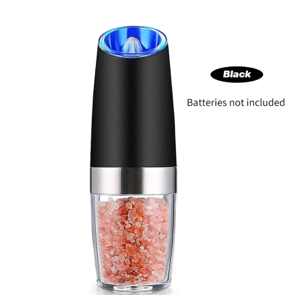 Black and silver salt grinder with blue light on a white background