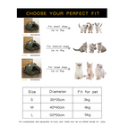 Pet tent size chart with dimensions and weight capacity for small, medium, and large dogs.