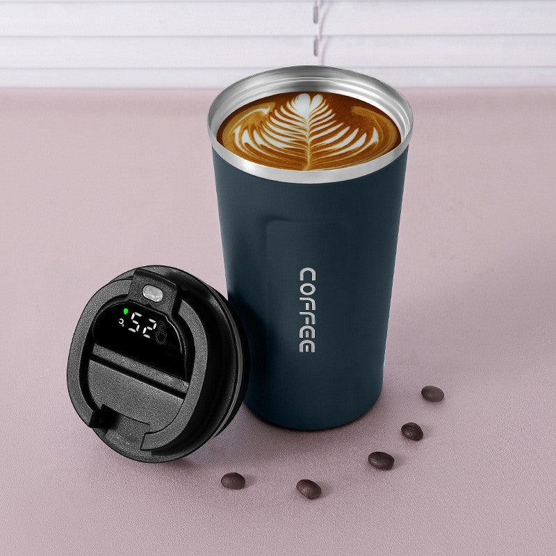 Smart temperature display coffee tumbler on a trip