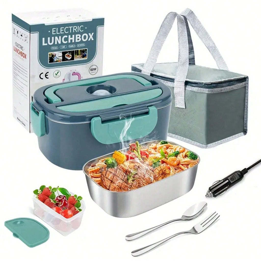 Electric lunchbox with food compartments, utensils, and packaging on a white background