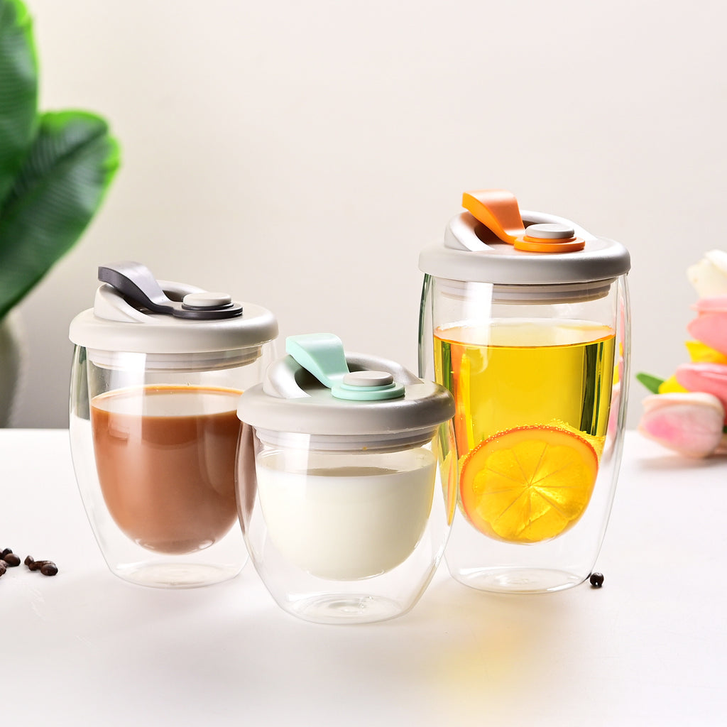 Double-layer insulated coffee cup with silicone lid juice transparent glass egg-shaped cup handy cup