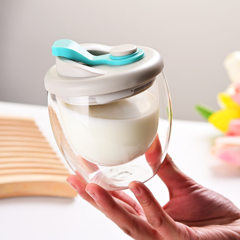 Double-layer insulated coffee cup with silicone lid juice transparent glass egg-shaped cup handy cup