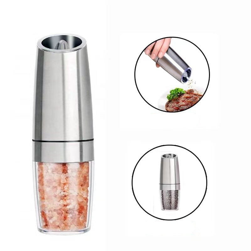 Stainless steel pepper grinder with salt and pepper inside, shown with usage examples on a white background.