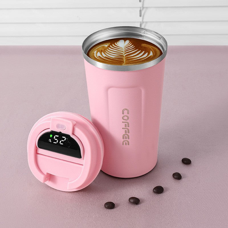 Pink LED temperature display lid on a 380ml insulated coffee tumbler