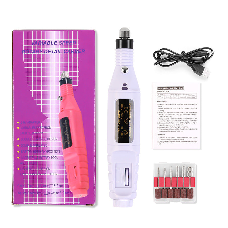 Polishing tool set with packaging, tool, cable, and attachments on a white background
