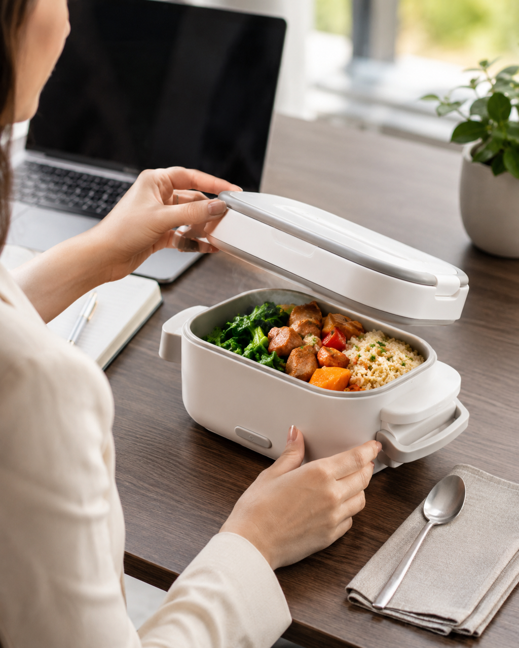 Electric lunch box with compatible home and car power cables