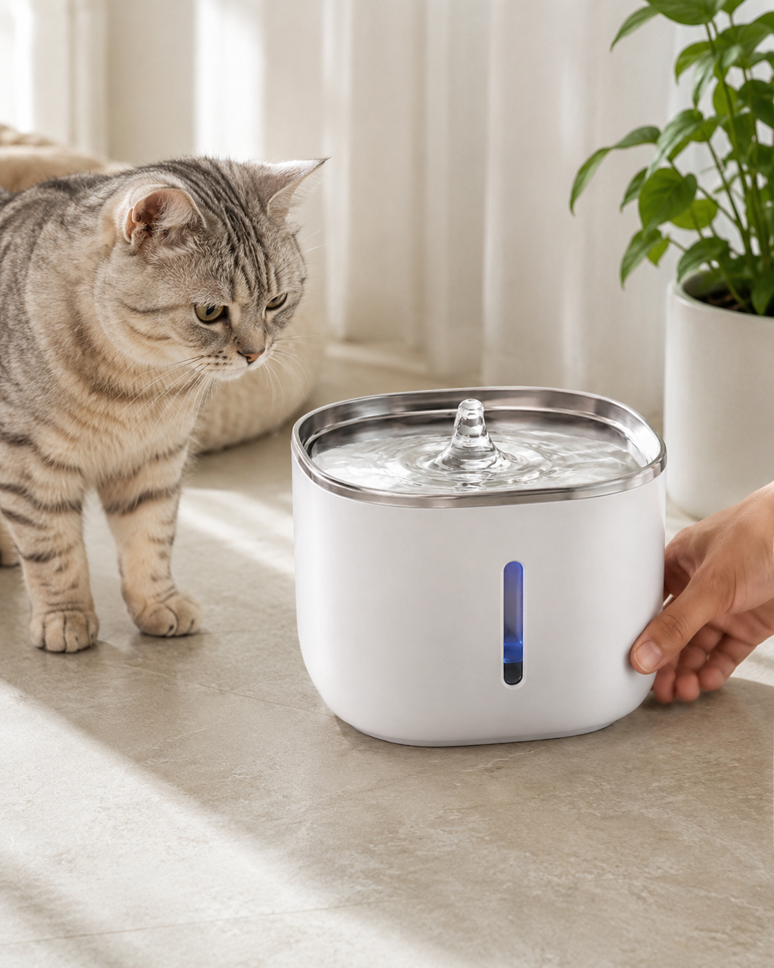 appy indoor cat drinking from a rechargeable pet water fountain