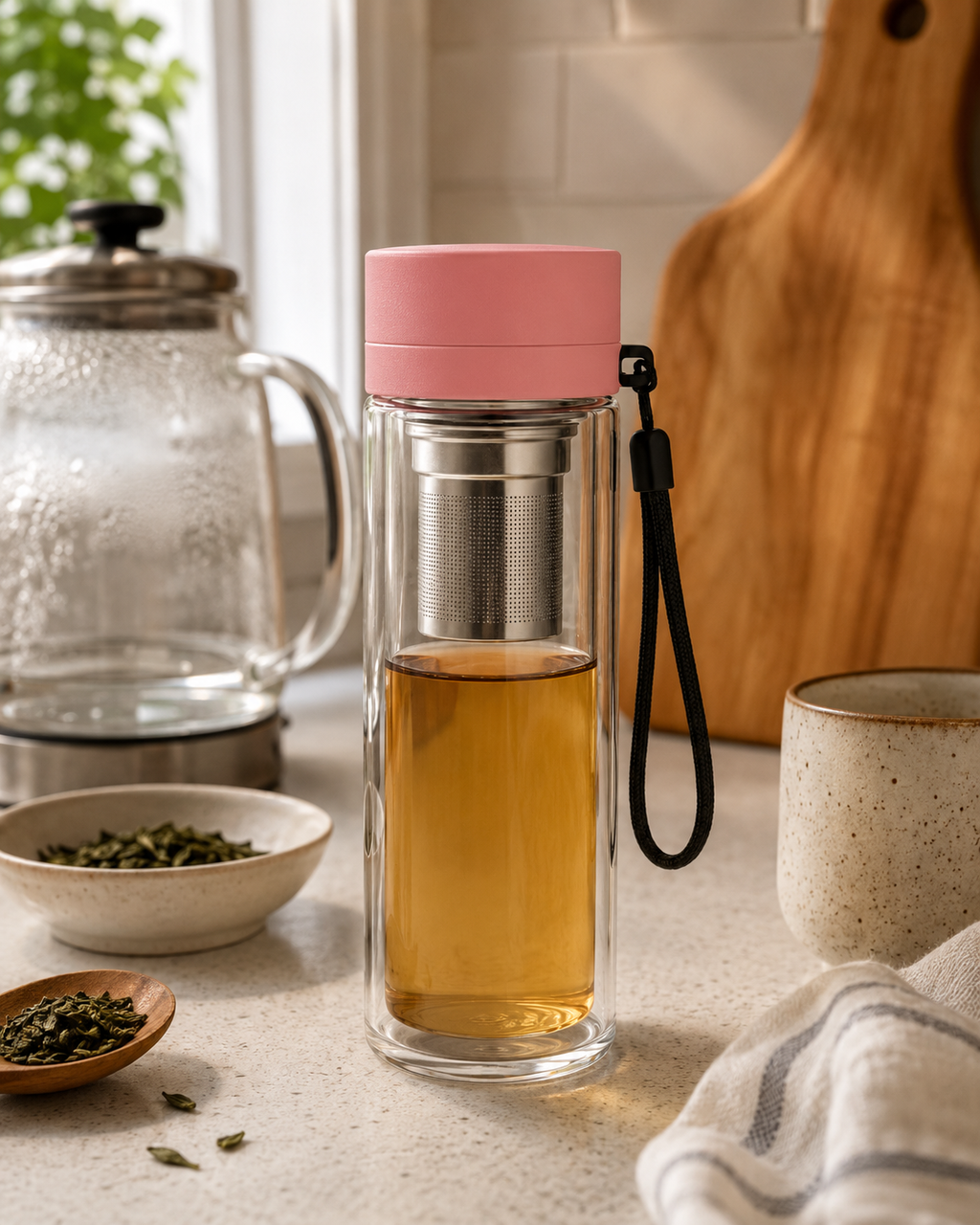 [Color] 380ml double wall glass tea infuser bottle