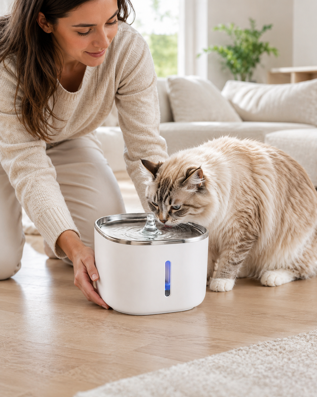 Cordless cat water fountain beside an indoor pet feeding area