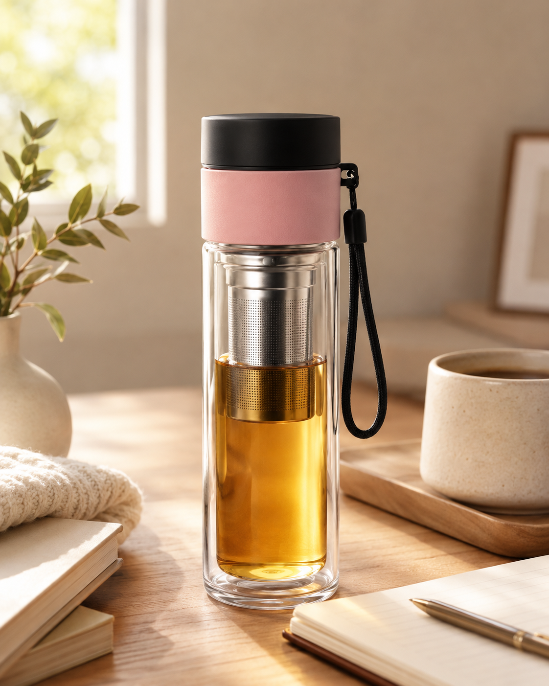 380ml double wall glass tea infuser bottle with strainer