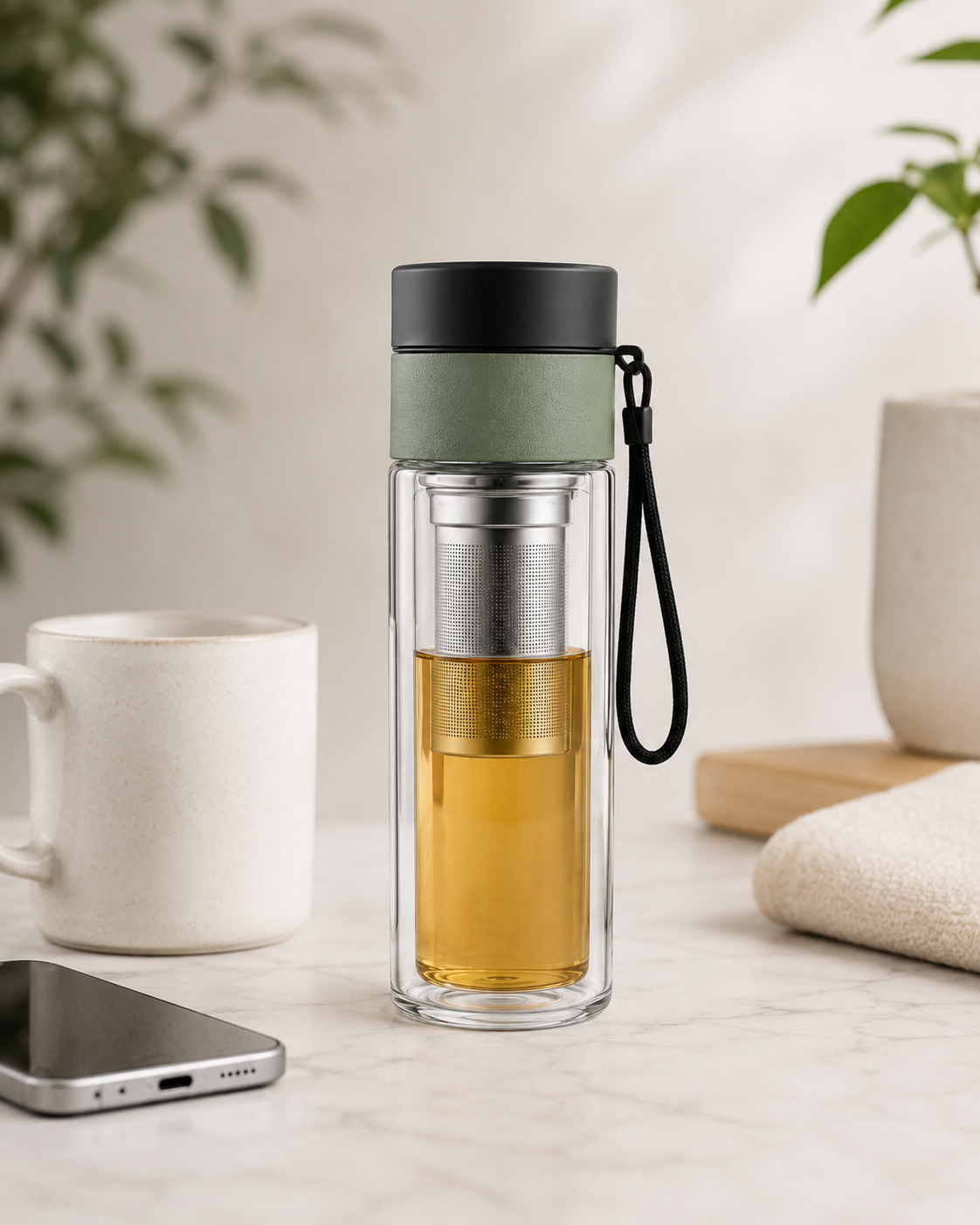 Glass tea infuser bottle brewing loose-leaf tea
