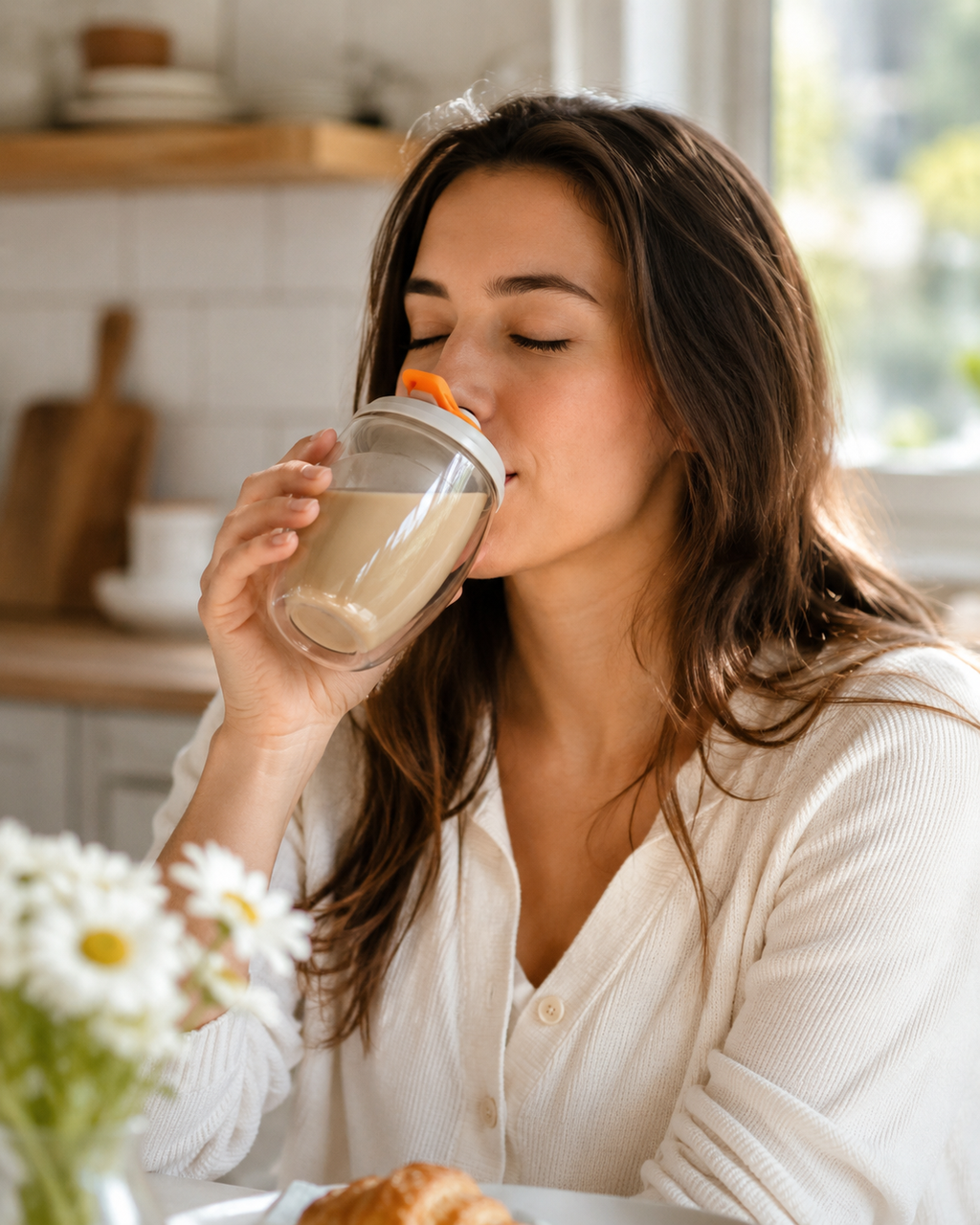 Double wall glass tumbler with iced coffee and silicone lid
