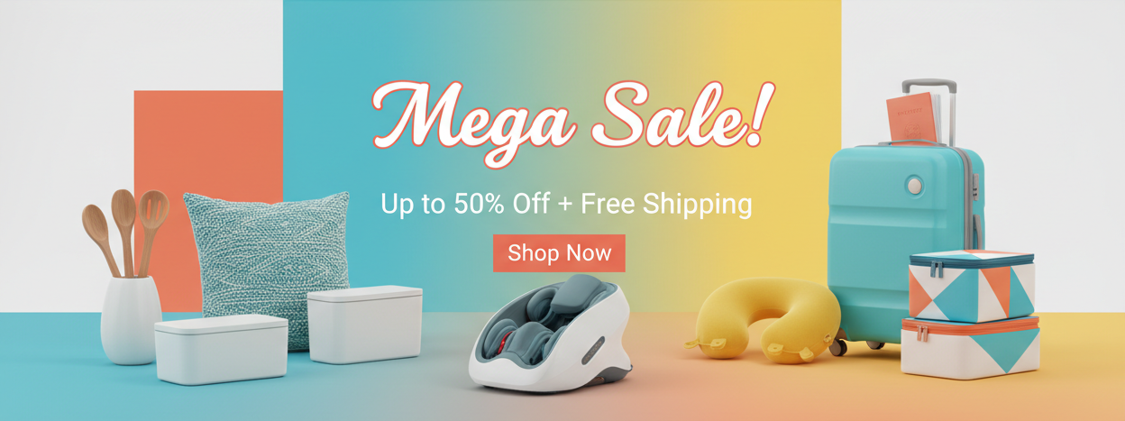 Promotional banner for a mega sale with travel-themed products on a colorful background.