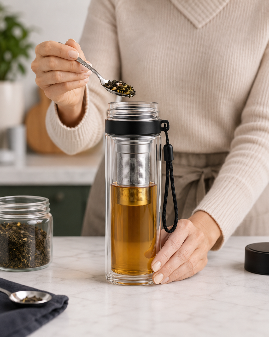 Portable glass tea infuser bottle for loose-leaf tea