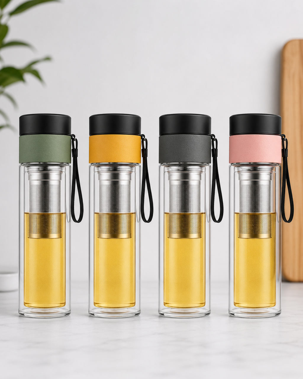 Built-in strainer inside a double wall glass tea bottle