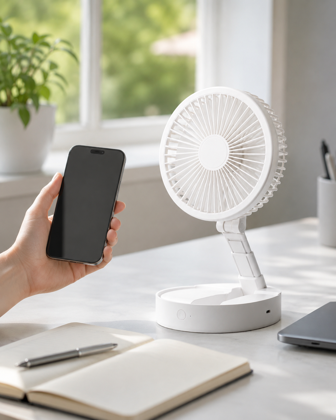 Adjustable portable desk fan for focused personal airflow