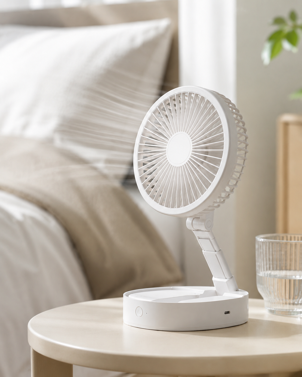 Compact foldable desk fan shown folded for easy storage