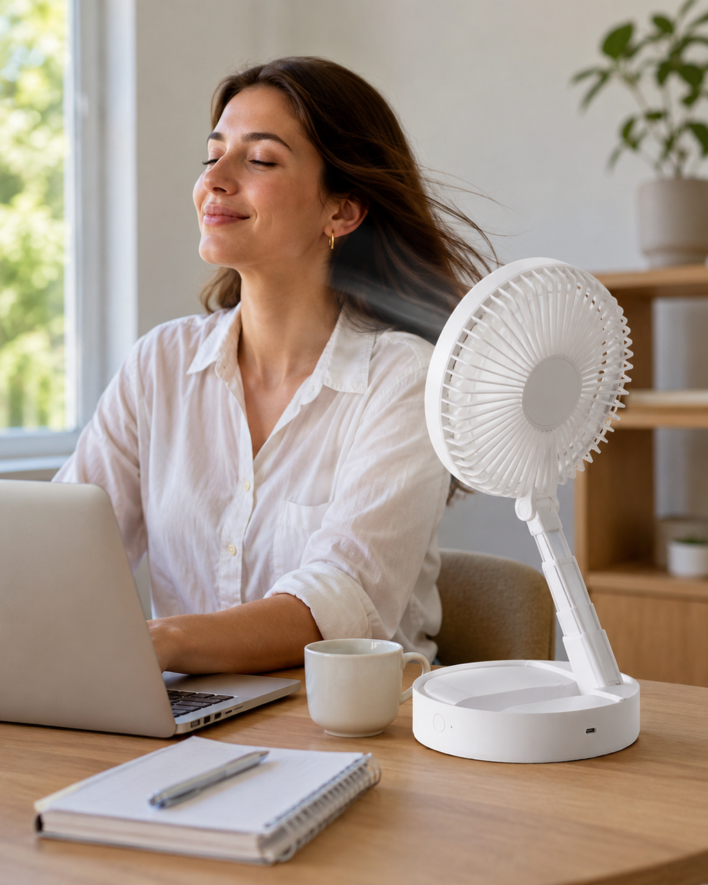 Portable desk fan cooling a home office workspace