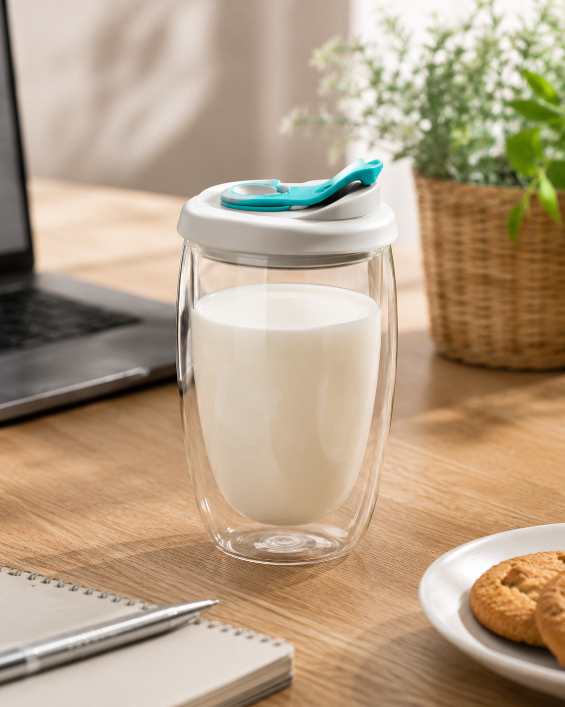White 400ml double wall glass tea infuser bottle