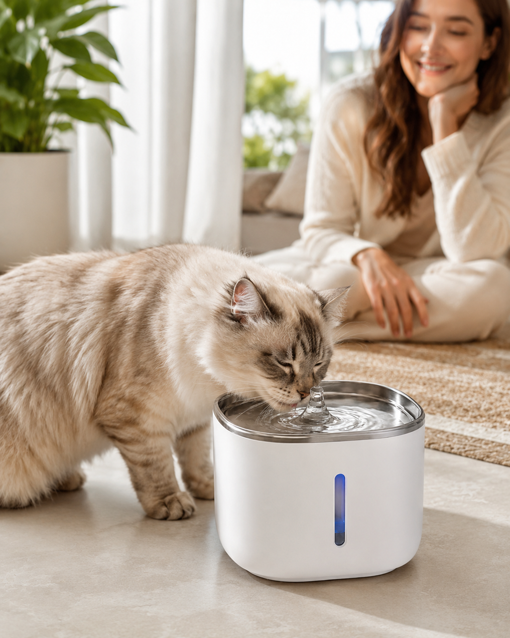 Wireless cat fountain shown beside a house cat for size reference