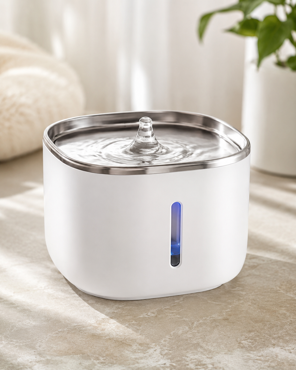 Wireless cat water fountain with stainless steel tray and visible water-level window